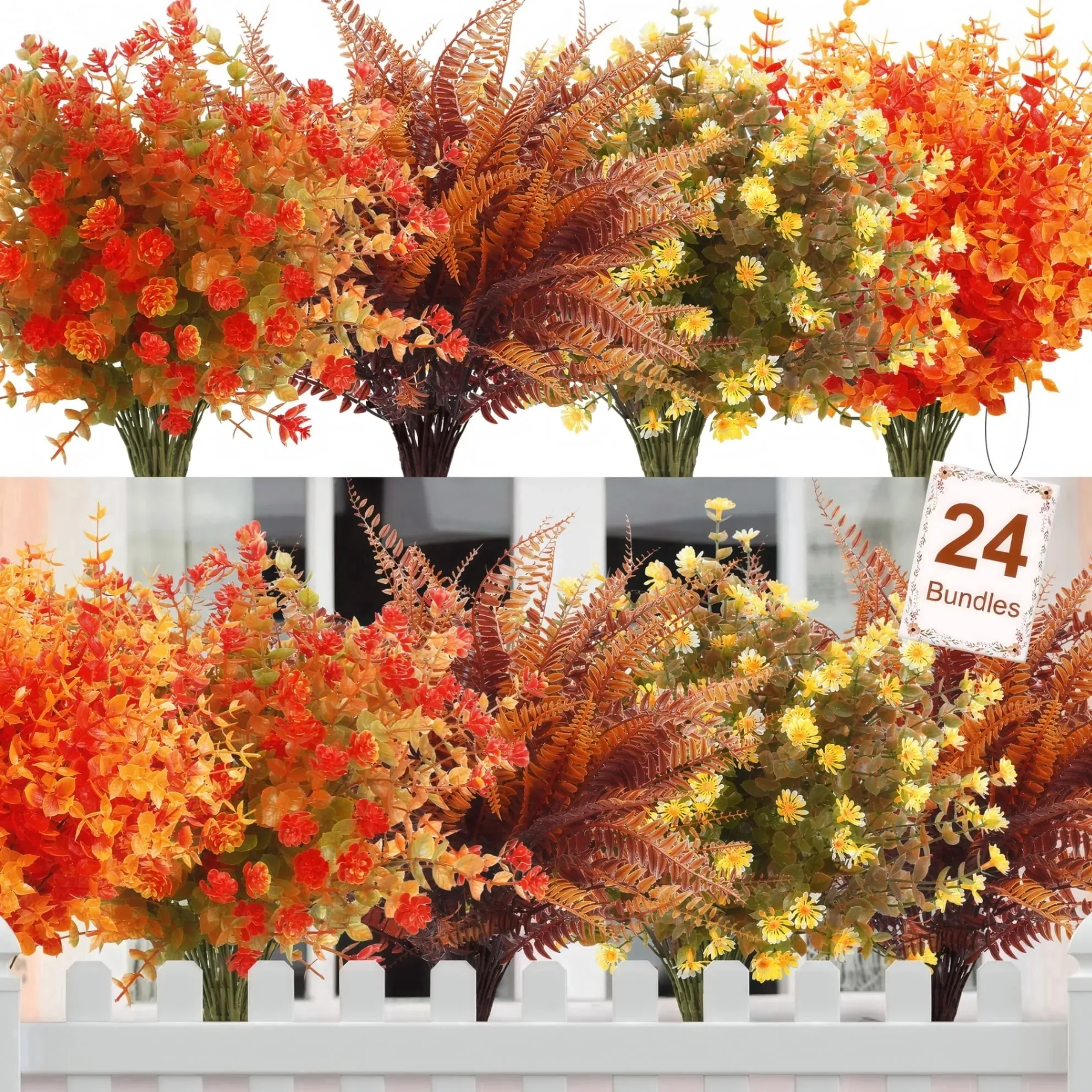Autumn Faux Flower Mix - 24 Stems of Eucalyptus and Fern (2-Pack)